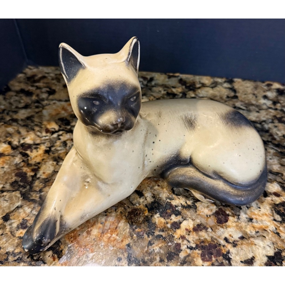 Vintage Brazil Siamese Cat Kitten Figurine Tan Black Ceramic Reclining Decor